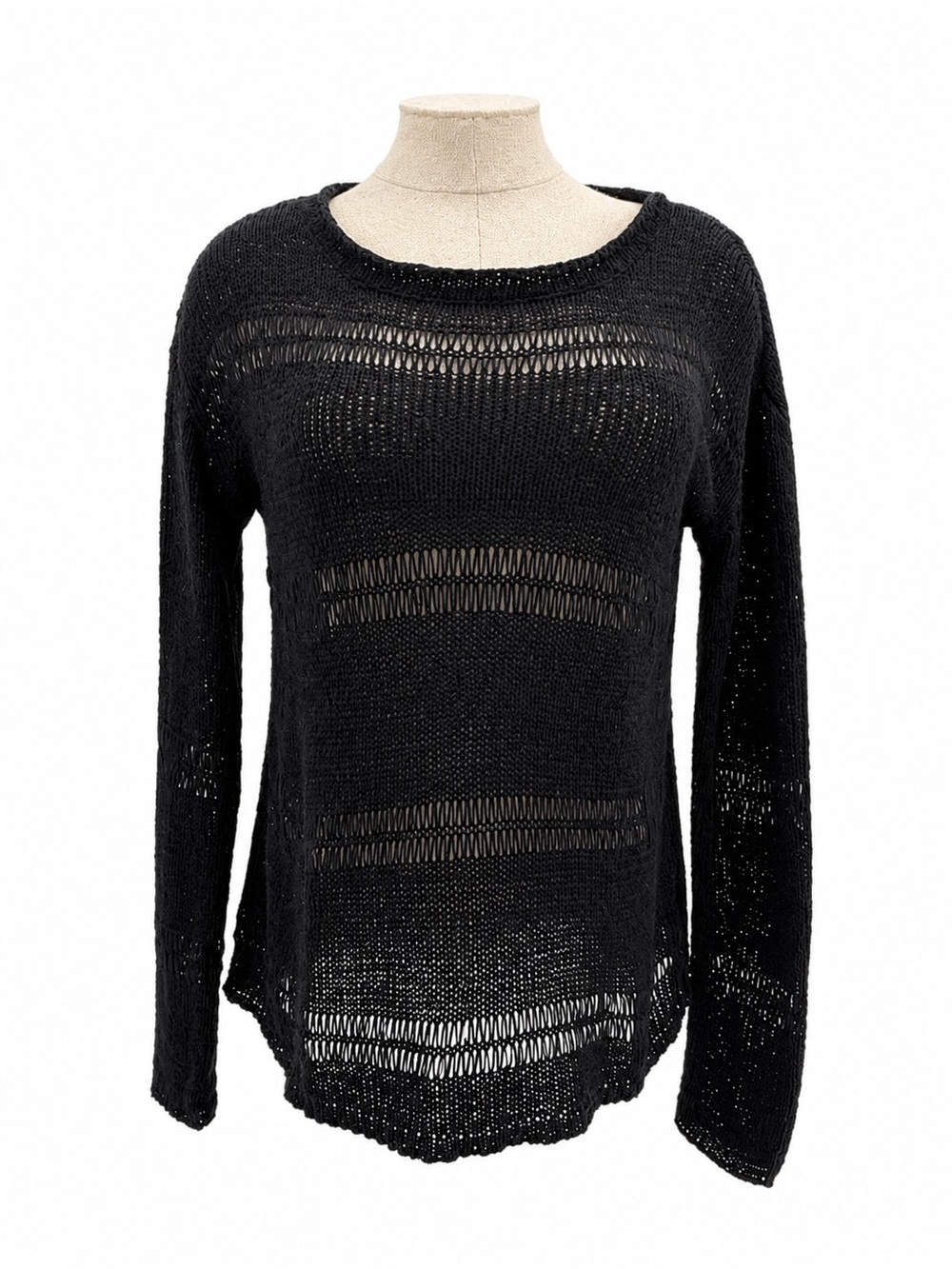 Mod Ref Black Open Knit Sweater Crochet Sheer Coastal Size Medium Acrylic
